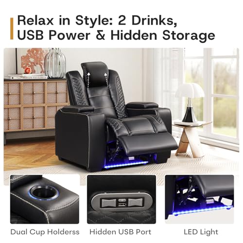 ANJ Power Recliner Home Theater Seating, PU Leather Electric Recliner Chair with Adjustable Headrest,Dual Motor Movie Reclining Chairs with Cup Holders LED Lights,USB Port,Hidden Arm Storage,Black