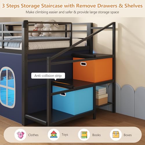 DICTAC Low Loft Bed with Slide,Storage Stairway and Led Lights Metal Twin Size Loft Bed with Under-Bed Play Space,Art Table & Play Curtain Twin Beds with 2 Drawers and 13.8''H Safety Guardrail,Black DICTAC