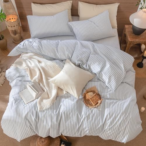 MooMee Striped Duvet Cover Set 100% Washed Cotton Linen Like Textured Breathable Durable Soft Comfy (Cornflower Blue White Classic Stripes, King 104"x90") MooMee