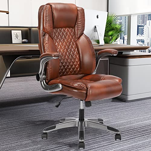 REFICCER Brown Leather Office Chair with Flip up Arms, High Back Ergonomic Executive Office Chairs with Wheels, 90-120° Rocking Office Desk Chair with Lumbar Support, Swivel Task Chairs REFICCER