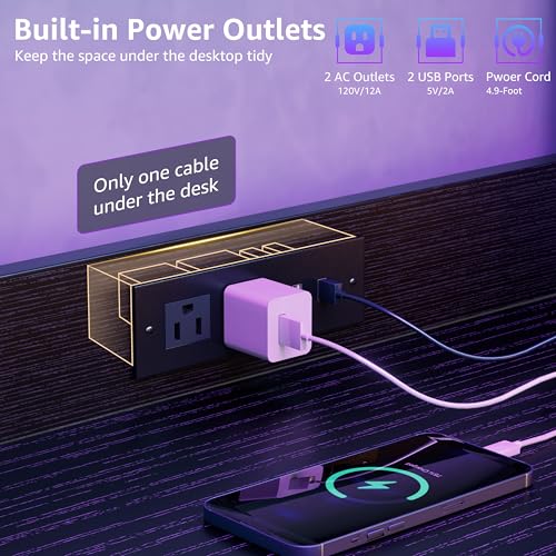 MEUIS 40 inch Small Gaming Desk with Pegboard Shelves Computer Desks with Led Lights Power Outlets PC Monitor Stand Reversible Storage Shelf Table for Bedroom Small Space, Black MEUIS