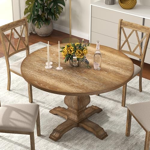 Roundhill Furniture Havre 5-Piece Dining Set, Pedestal Round Table with 4 Stylish Chairs, Oak Roundhill Furniture