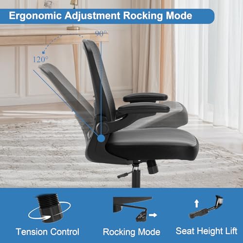 TOPBSHODC Ergonomic Office Chair 400lbs PU Leather Mesh Desk Chair with Lumbar Support, Flip-Up Arms, Swivel Wheels, Adjustable Height, Rolling Executive Computer Task Chair for Home Office,Black TOPBSHODC
