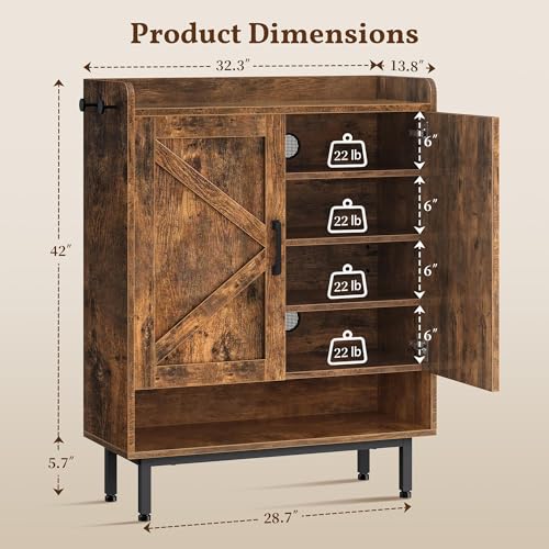 Yaheetech Shoe Storage Cabinet with Doors, Farmhouse Shoe Cabinet with 2 Adjustable Shelves and 4 Side Hooks, Wooden Shoe Rack Organizer Cabinet for Entryway, Foyer, Hallway, Rustic Brown Yaheetech