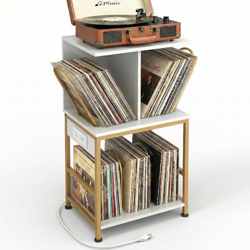 ZEXVIDA Record Player Stand with Vinyl Storage, Large Record Table Holds 180 Albums, Vinyl Record Storage Stand with USB Charger, Multi-Functional Side Table & Shelf for Living Room Bedroom ZEXVIDA