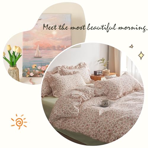 VM VOUGEMARKET Cotton Duvet Cover Twin Pink Flower Duvet Cover with Ruffle Pillowcases Teen Girls Aesthetic Bedding Set Garden Style Blooming Comforter Cover with Zipper Ties (3 pcs,68x86 Inch) VM VOUGEMARKET