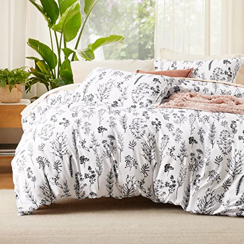 Bedsure Queen Comforter Set - Bright White Bed Set, 3 Pieces Cute Floral Bedding, 1 Soft Reversible Botanical Flowers Comforter and 2 Pillow Shams Bedsure