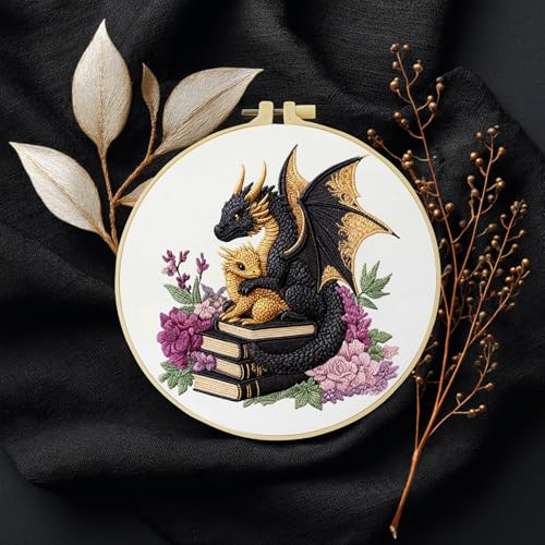 Black Dragon and Golden dragon stands on the book Handmade DIY Embroidery kit,Suitable for Beginners,Includes Embroidery Cloth, Instructions,hoop and Needle and Thread, Suitable for Holiday Gifts