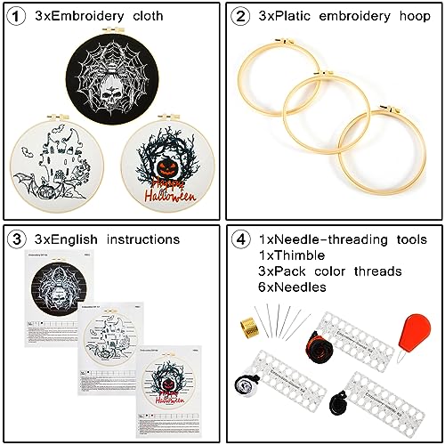 Armindou Halloween Embroidery Starter Kits for Beginners Adults, Stamped Cross Stitch Kit for Adult Beginner, Needlepoint Hand Embroidery Kit with Pattern, 3 Embroidery Hoop, 3 Set Embroidery Supplies