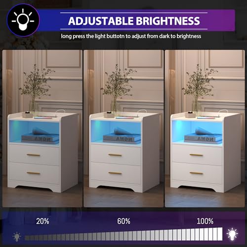 dnbss White LED Nightstand with Charging Station and 24-Color RGB Lights, Smart Night Stand with Human Sensor Lighting, Modern Bedside Table for Bedroom dnbss