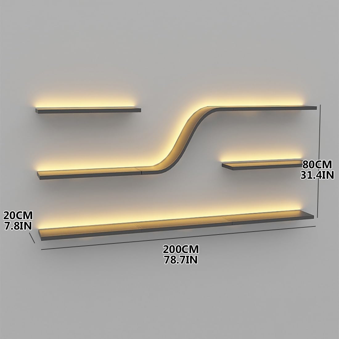 Modern Wall Mounted Wine Rack w/LED Light, Metal Wall Bar Shelves Storage Holder w/Glass Holder, Hanging Large Liquor Shelf for Liquor Bottles for Home Bar Dining Room(Yellow light,200CM/78.7IN) IRHIGBGX