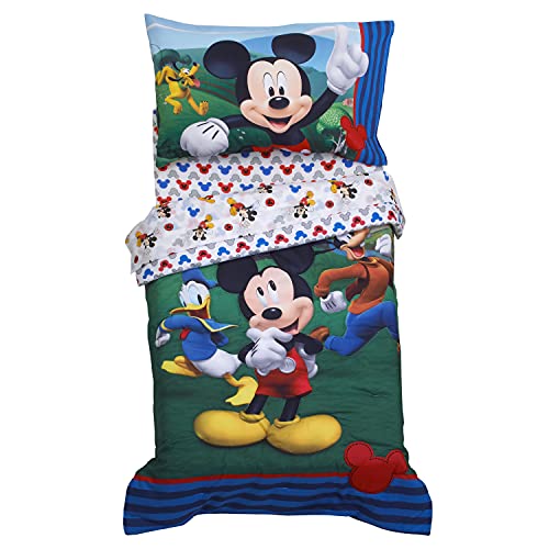 Disney Mickey's Big Adventure Blue, Red, Yellow & Green 4Piece Toddler Bed Set - Comforter, Fitted Bottom Sheet, Flat Top Sheet, Reversible Pillowcase, Blue, Red, Yellow, Green Disney