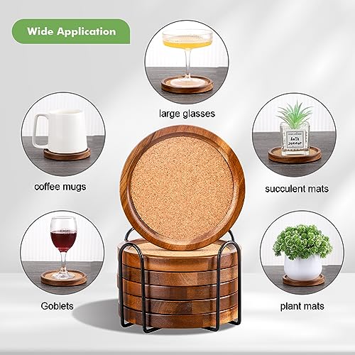 Wood Cork Coasters for Drinks Absorbent with Holder, Acacia Wood Coaster Sets Rustic Farmhouse for Coffee Table Dining Table Wooden Table Coasters for Desk, Set of 6 4.33in WLWNWFT