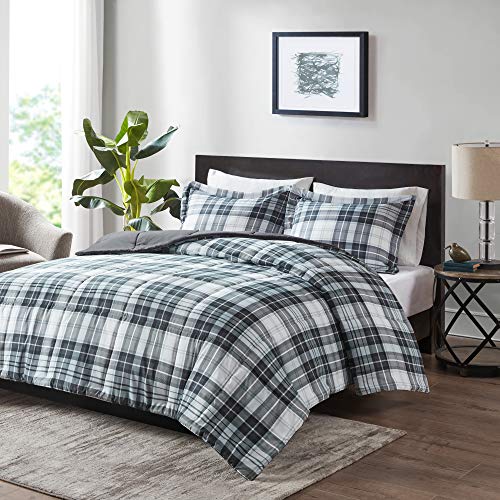 Madison Park Essentials Parkston Plaid Comforter, Matching Sham, 3M Scotchguard Stain Release Cover, Hypoallergenic All Season Bedding-Set, Full/Queen, Black, 3 Piece Madison Park