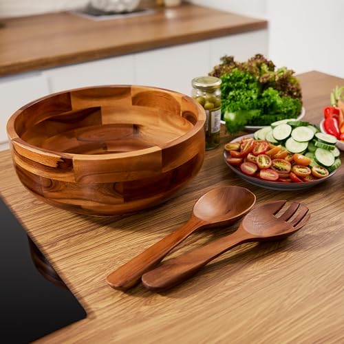 Tidita 12" Salad Bowl Set with 2 Wooden Hands - Large Acacia Wood Serving Bowl with Serving Utensils - Big Mixing Bowl for Fruits, Salad,Pasta for Kitchen Counter (12" Diameter x 4.5" Height) Tidita