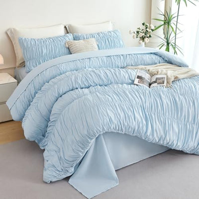 PERFEMET Twin Size Bed in a Bag Light Blue 5 Pieces Fluffy Boho Ruched Comforter with Sheets Luxury Soft Pleated Texture Bedding Comforter Set All Season Lightweight Vintage Ruffle Bed Sets, 68"x90"