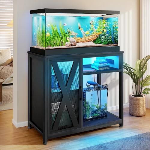 DWVO 40-50 Gallon Aquarium Stand with Power Outlets & LED Light, Cabinet for Fish Tank Accessories Storage - Metal Fish Tank Stand Suitable for Turtle Tank, Reptile Terrarium, 660LBS Capacity, Black DWVO