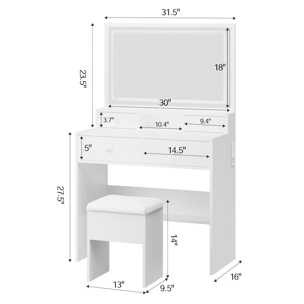 Haewon Vanity Desk with Mirror and LED Lights, White Makeup Vanity with Power Outlet, Storage Drawers and Chair, Dressing Table Set for Bedroom Dressing Room Haewon