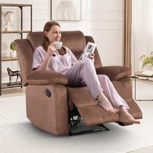 IOMOR Manual Recliner Chair with Overstuffed Arm and Extra-Padded Back, Breathable Fabric Reclining Chair for Adults, Single Sofa for Living Room, Bedroom (Fabric Brown)