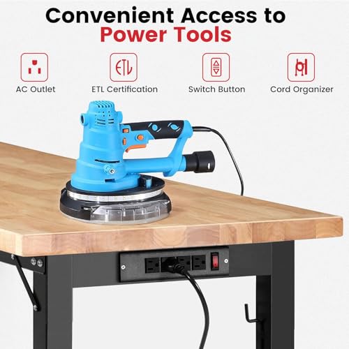 ENJOYWOOD Workbench with Wheels 60 Inch Rubberwood Tabletop Garage Workbench Adjustable Height Work Bench with Pegboard, Power Outlets for Woodworking, Home, Office, Workshop ENJOYWOOD