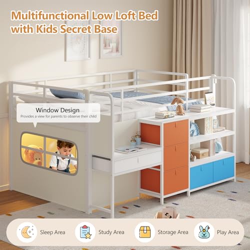 DICTAC Low Loft Bed with Desk and 6 Storage Drawers Twin Loft Bed with Bookshelf,LED Lights & Under-Bed Play Space,Kids Twin Beds with 13.8''H Safety Guardrail,Inclined Ladder & Play Curtain,Colorful DICTAC
