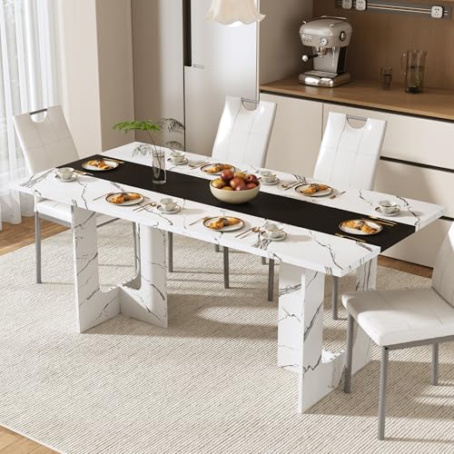 St.Mandyu 7 Pieces Dining Table & Chairs Set for 4-8 People, 71 Inch Kitchen Table with 6 Chairs, Rectangle Dining Table with Wooden Legs for Dining Room, Living Room, White St.Mandyu