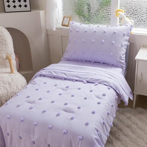 Caressma Lavender 4 Pieces Toddler Bedding Set - Lovely Pom Pom Tufted Comforter Set for Girls - Includes Purple Comforter, Fitted Sheet, Flat Sheet & Pillow Case Caressma