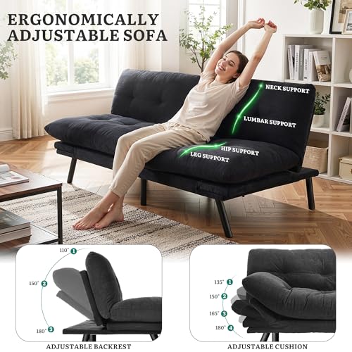 YITAHOME Convertible Futon Sofa Bed with Adjustable 3 Color Light Strip, 70" Folding Futon Set for Living Room Home Office Aprtment, Modern Futon Couch with Adjustable Backrest & Armrests, Black YITAHOME