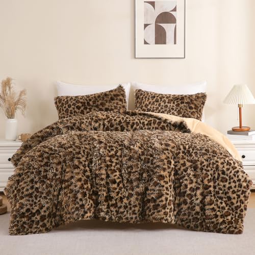 Melo10PM Cheetah Print Fluffy Faux Fur Comforter Set Queen Size, 3 Pieces Brown Leopard Plush Shaggy Fuzzy Bedding Set, Ultra Soft Luxury Furry Boho Animal Print Winter Warm Comforter for Women Gilrs Melo10PM