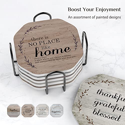 UMIRRO Rustic Farmhouse Coasters for Coffee Table Decor, Ceramic Coaster Set with Holder for Wooden Table, Cute Cup Coasters for Drinks Absorbent, Housewarming Gifts for New House/Home, 4", 6 Pack Umirro