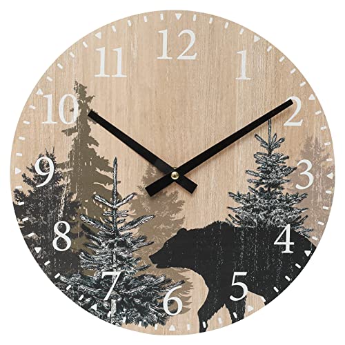 SwallowLiving Cabin Bear Wall Clock 12 Inch Silent Non Ticking Clock Wooden Forest Wildlife Mountain Lodge Wall Clock Battery Operated Rustic Farmhouse Wall Clock SwallowLiving