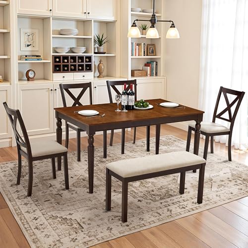 AMERLIFE 6-Piece Farmhouse Dining Table Set, 60” Solid Wood Table with 4 Upholstered Chairs & Bench, Comfortable Seating for 6, for Kitchen or Dining Room, Brown & Black Finish AMERLIFE