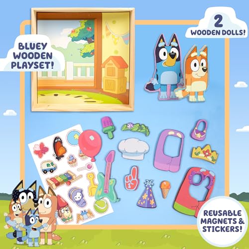 Horizon Group USA Bluey Magnetic Wooden Playhouse, 18 Piece Activity Set, Includes 2 Wooden Dolls House, Great Toys for Kids, Fun Birthday Party Activity, House Playset Horizon Group USA