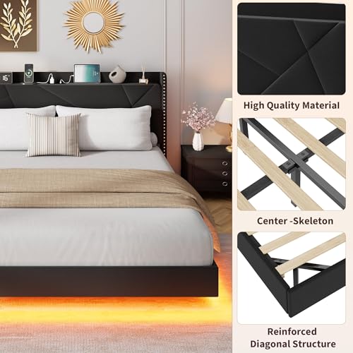 Garvee King Size Floating Bed Frame with RGB LED Lights and Charging Station, Upholstered Platform Bed with Storage Headboard and Button Tufted Design, No Box Spring Needed, Black Garvee