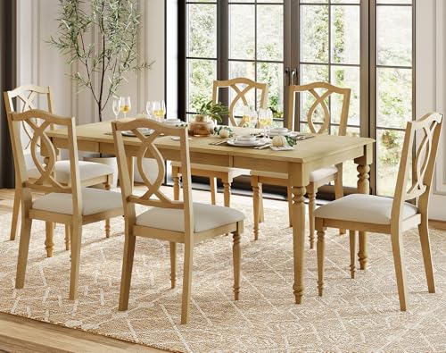 WAMPAT 7-Piece Dining Table Set for 6, Farmhouse Dining Room Set Includes 70 Inch Dinner Table & 6 Cross-Back Dining Chairs, Solid Wood Dining Set for Kitchen, Oak WAMPAT