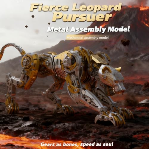 3D Metal Puzzle for Adults, 506Pcs Steampunk Mechanical Leopard Model Kits to Build, DIY Creative Art Desktop Ornament for Home Office Decor (Gold)
