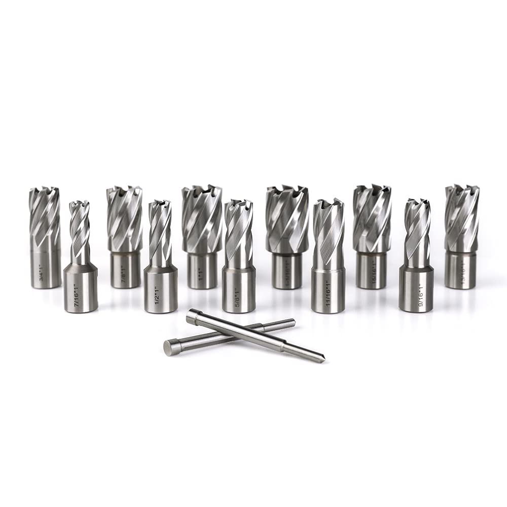 OSCARBIDE Annular Cutter Set 13pcs 3/4"Weldon Shank 1"Cutting Depth and 7/16 to 1-1/16 inch Cutting Diameter Mag Drill Bits for Magnetic Drill Press with 2 pcs Pilot Pins OSCARBIDE