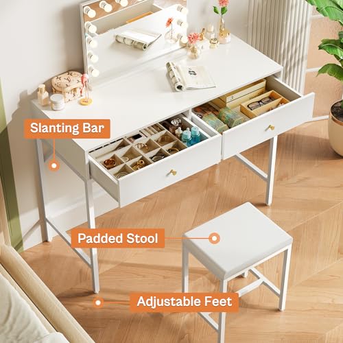 SUPERJARE 35.4" White Desk with 2 Drawers, Modern Makeup Vanity with Padded Stool, Small Computer Desk Home Office Desk for Writing Study Bedroom SUPERJARE