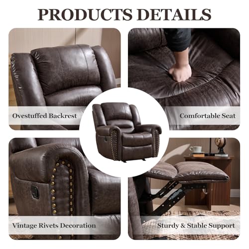 CANMOV Rocker Recliner Chair, Leather Recliner Chair with Overstuffed Backrest and Armrests, Manual Single Sofa for Living Room,Bedroom, Dark Grey