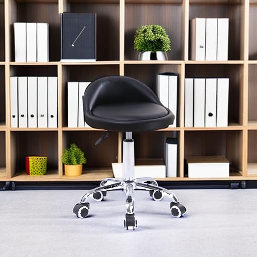 KKTONER PU Leather Round Rolling Stool with Back Rest Height Adjustable Swivel Drafting Work SPA Task Chair with Wheels Black KKTONER