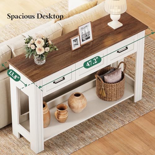 ANGRYWIN 47" Farmhouse Console Table with 3 Drawers, Rustic Entryway Table with Open Shelf, Sofa Tables Behind Couch for Entrance, Living Room, Hallway, White ANGRYWIN