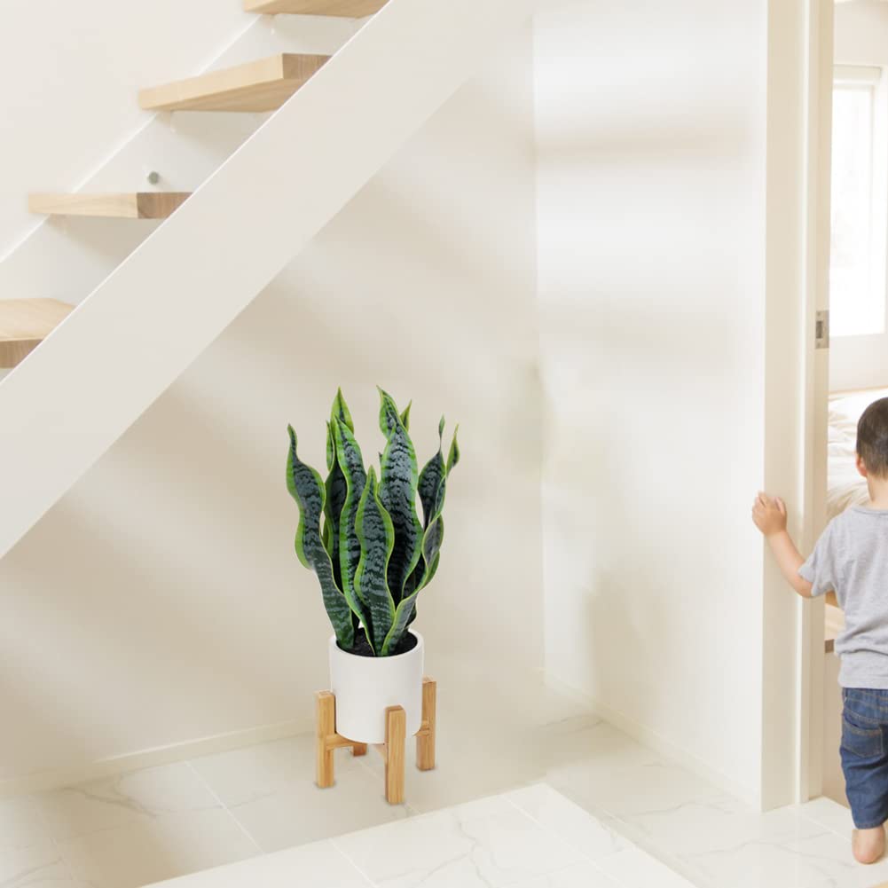 Hollyone Artificial Snake Plant Potted with Solid Wood Plant Stand, 19" Faux Sansevieria Tropical White Ceramic Pots Fake Plants for Home Office Indoor Decor Housewarming Gift Hollyone