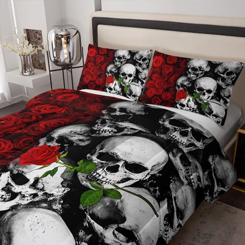 Tuzaovy Gothic Queen Size Bedding Set - Skull & Rose Comforter, Black & Red Quilt Tuzaovy