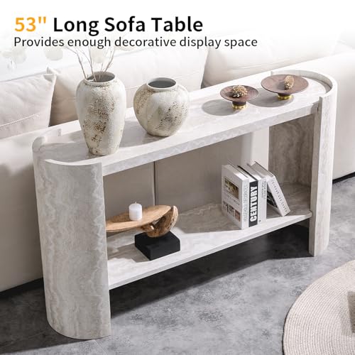 BFJDM 53" Faux Travertine Stone Console Table for Entryway, 2-Tier Sofa Entrance Table with Faux Mars Marble Pattern, Modern Sofa Tables with Storage Shelf for Living Room, Hallway, Foyer, Beige BFJDM