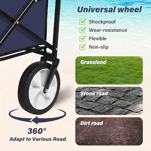 YSSOA Rolling Collapsible Garden Cart Camping Wagon, with 360 Degree Swivel Wheels & Adjustable Handle, 220lbs Weight Capacity,Blue YSSOA