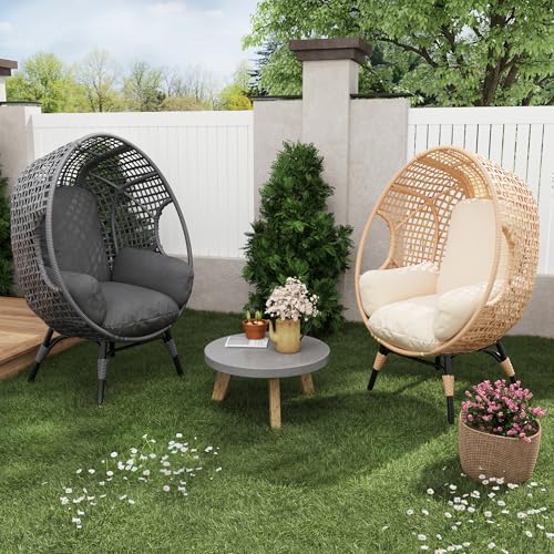 CHINNLUU Outdoor Egg Chair Wicker Oversized Egg Basket Chair with Stand Lounger Chairs with Cushion 500lbs Capacity for Patio Garden Backyard Balcony (Ivory - Plaid, 1 PCS) CHINNLUU
