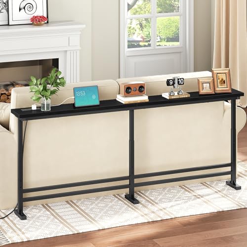 YATINEY 70.9" Console Table with Adjustable Height (27.6"-35.4") and Power Outlet, Skinny Behind Couch Table, Narrow Long Sofa Table for Living Room, Hallway, Entryway, Black CT08UBB YATINEY