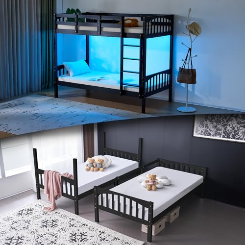 VINGLI Solid Wood Bunk Bed Twin Over Twin, Bunk Beds with Storage Underneath for Kids and Adults with LED Lights/USB Port Charging Station/Extra 15 inches Tall Guardrail,Black VINGLI