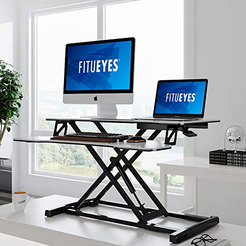 FITUEYES Height Adjustable Standing Desk 32” Wide Sit to Stand Converter Stand Up Desk Tabletop Workstation for Laptops Dual Monitor Riser White SD308003WW FITUEYES
