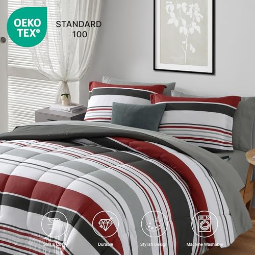 Monbix Queen Comforter Set - 7 Pieces Bed in a Bag Queen, Red and Black-Stripe Bedding Sets, All Seasons Comforter Bed Set with Sheets, Pillowcases & Shams Monbix